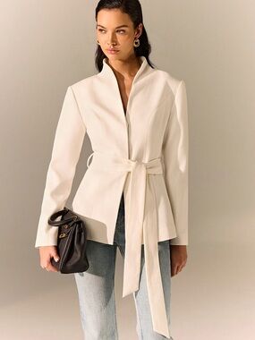 Commense Stand Collar Belted Long Sleeve Blazer Size L